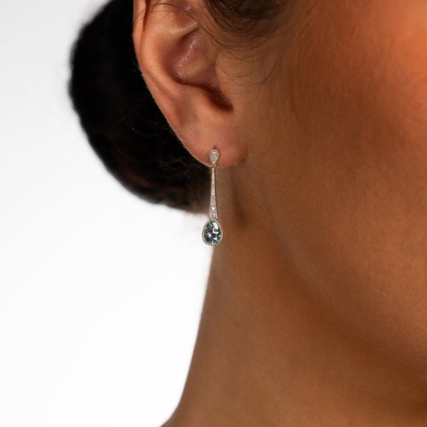 9ct Yellow Gold Aquamarine & Diamond Drop Earrings -6x28mm -2.2g