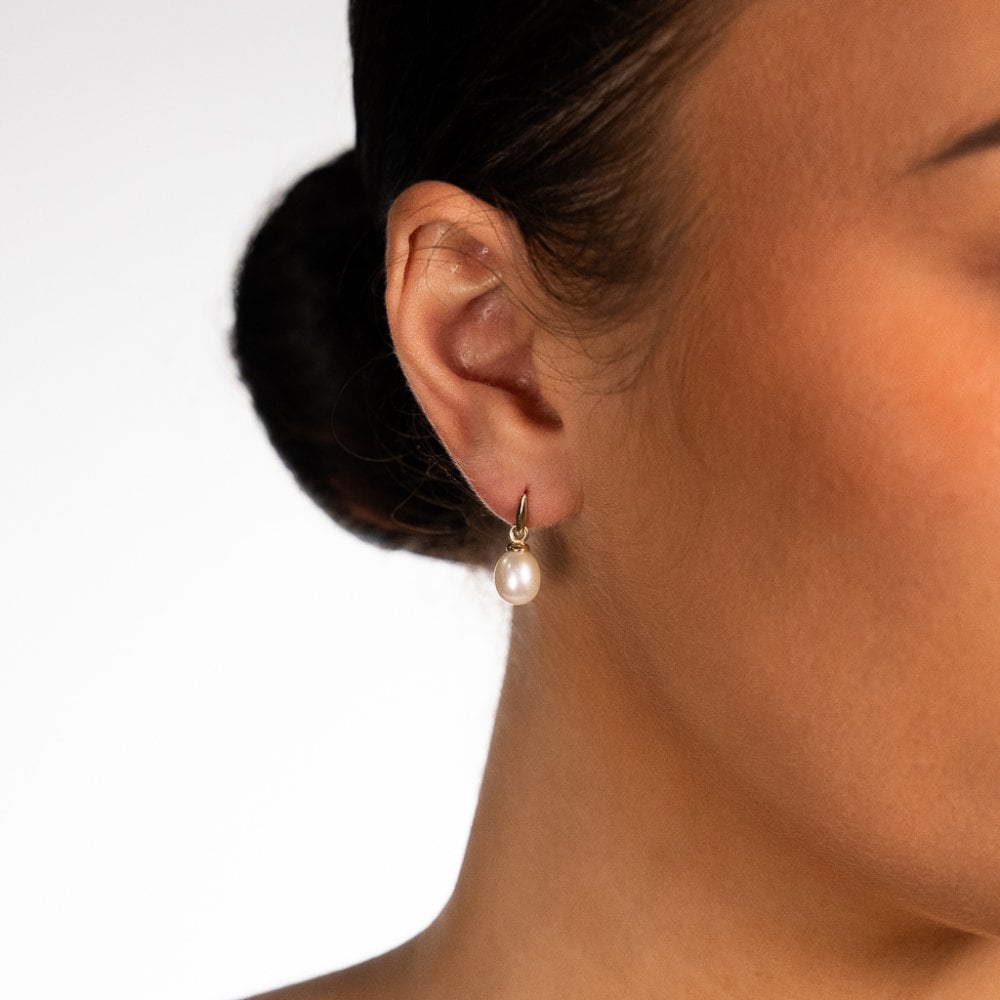 9ct Yellow Gold Pearl Drop Earrings - 8x19x12mm - 1.1g