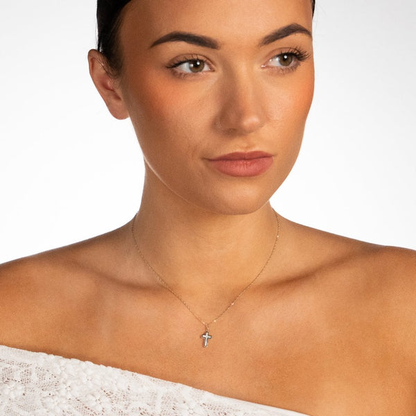 9ct Yellow Gold Mother Of Pearl Cross Pendant & Necklace -16/18"