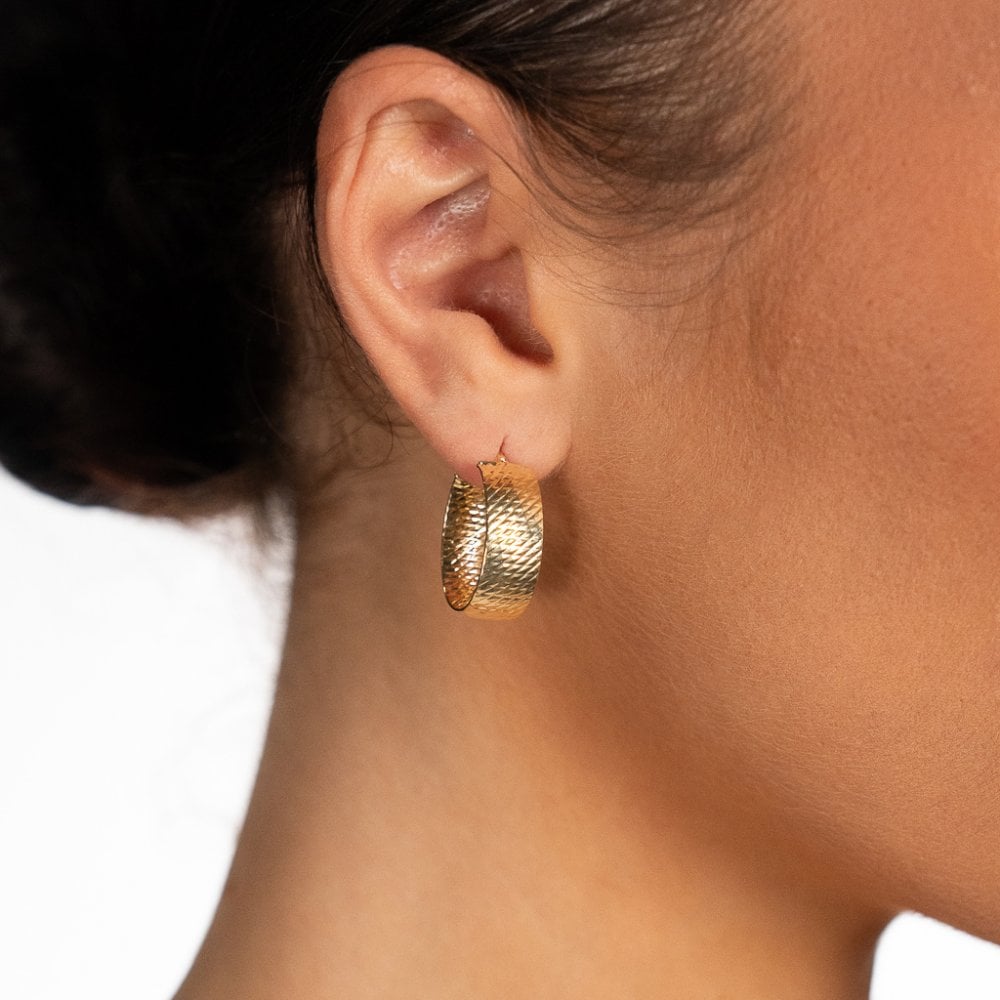 9ct Yellow Gold Textured Hoop Earrings - 17x22x8mm - 2.3g