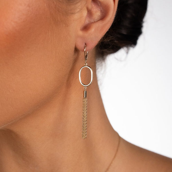 9ct White Gold Oval & Tassel Drop Earrings - 11x58x1.5mm - 2.4g