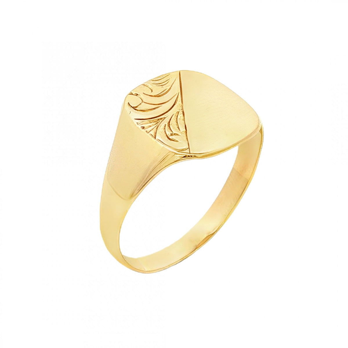 9ct Yellow Gold Half-Engraved Cushion Signet Ring - Size U -14mm