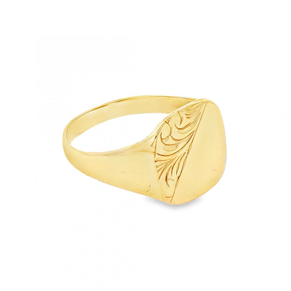 9ct Yellow Gold Half-Engraved Cushion Signet Ring - Size U -14mm