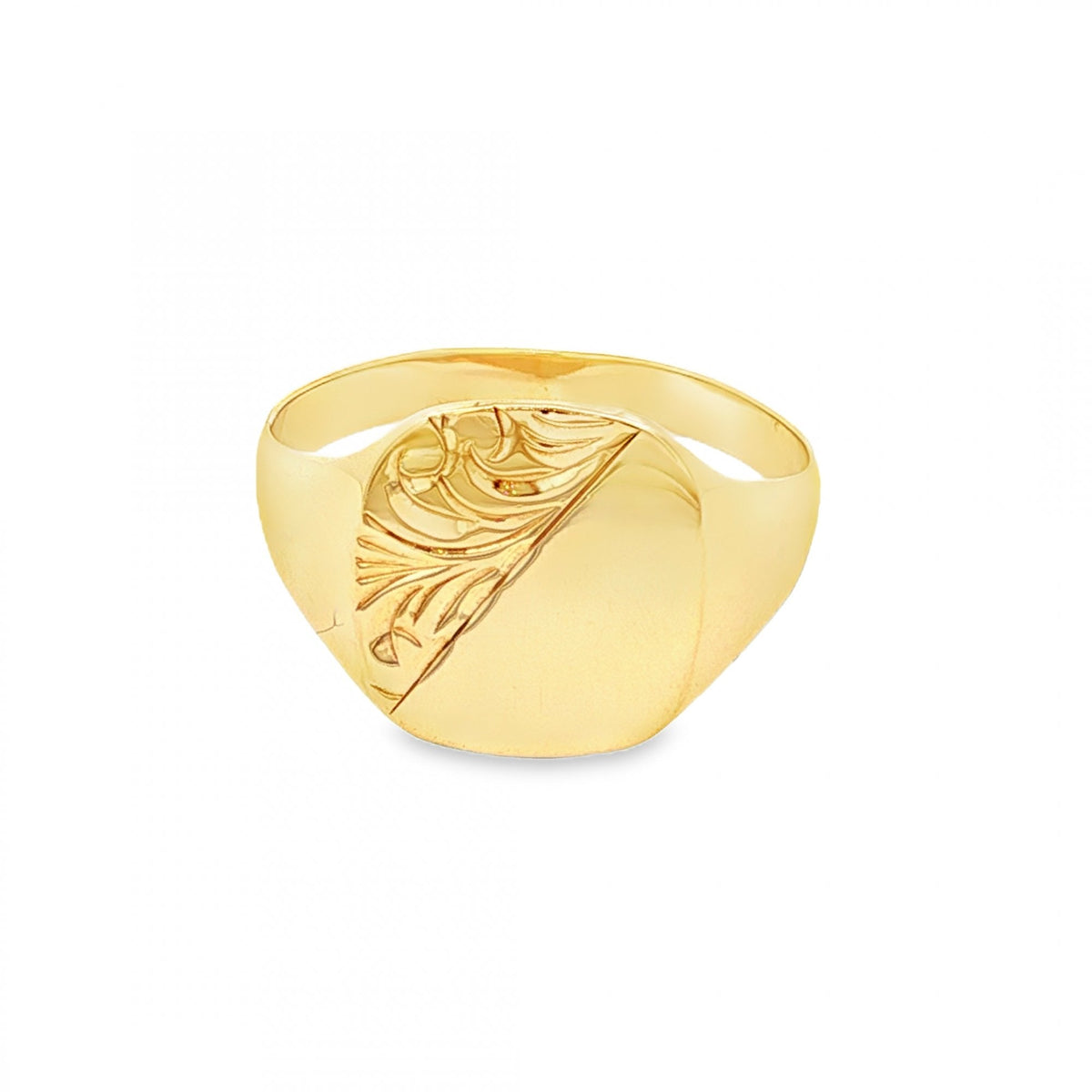 9ct Yellow Gold Half-Engraved Cushion Signet Ring - Size U -14mm