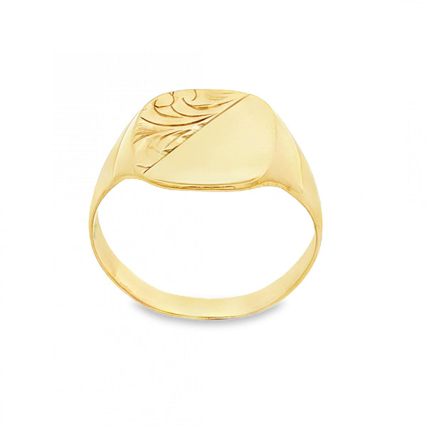 9ct Yellow Gold Half-Engraved Cushion Signet Ring - Size U -14mm