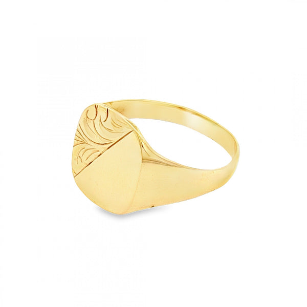 9ct Yellow Gold Half-Engraved Cushion Signet Ring - Size U -14mm