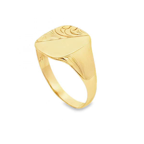 9ct Yellow Gold Half-Engraved Cushion Signet Ring - Size U -14mm