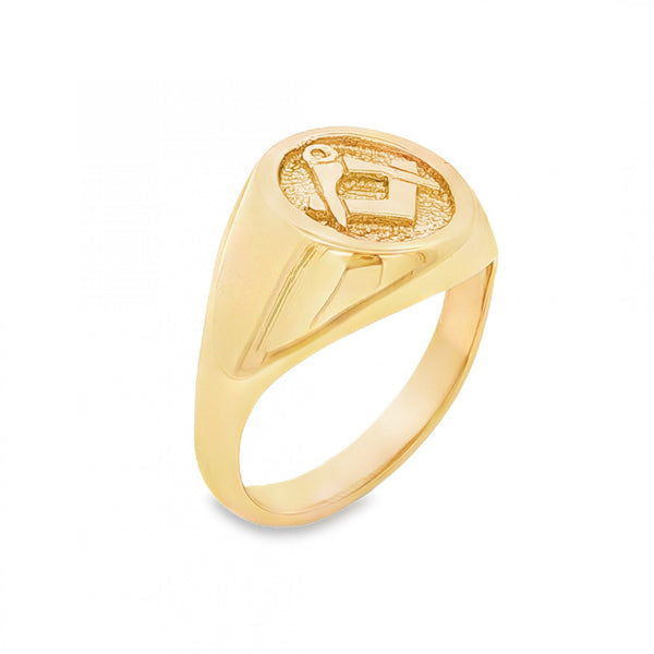9ct Yellow Gold Oval Masonic Signet Ring - Size S½ - 14mm