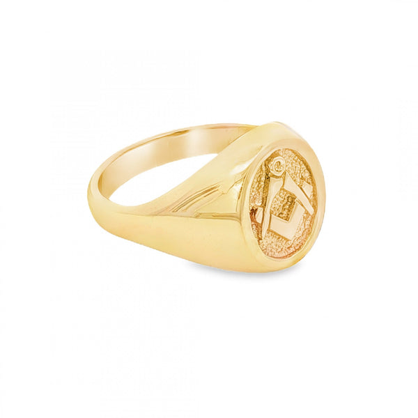 9ct Yellow Gold Oval Masonic Signet Ring - Size S½ - 14mm