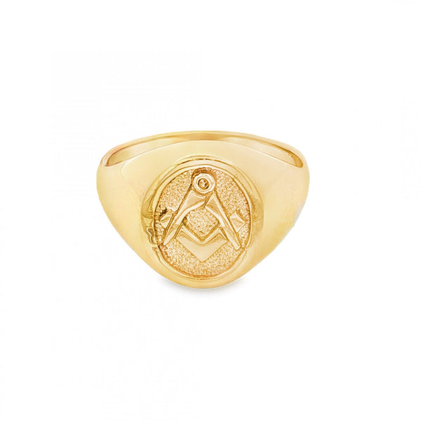 9ct Yellow Gold Oval Masonic Signet Ring - Size S½ - 14mm