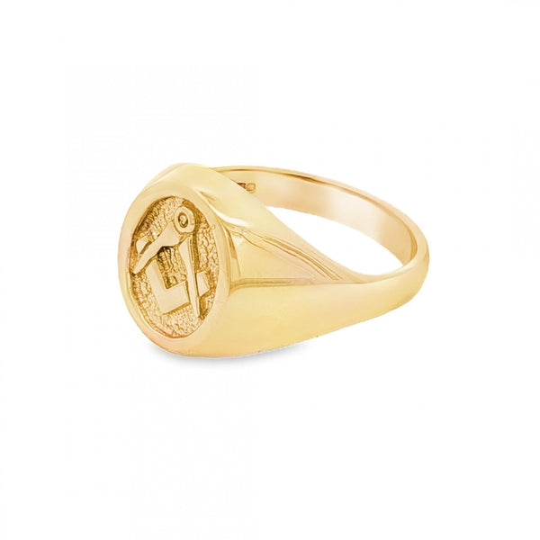 9ct Yellow Gold Oval Masonic Signet Ring - Size S½ - 14mm