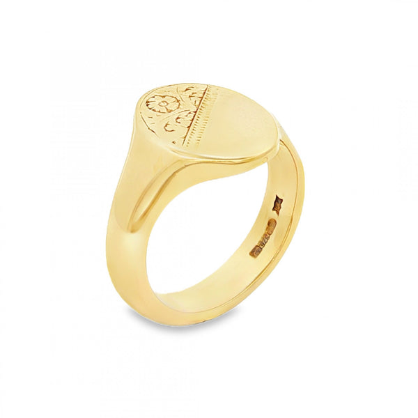 9ct Yellow Gold Half-Engraved Oval Signet Ring - Size P½ - 15mm