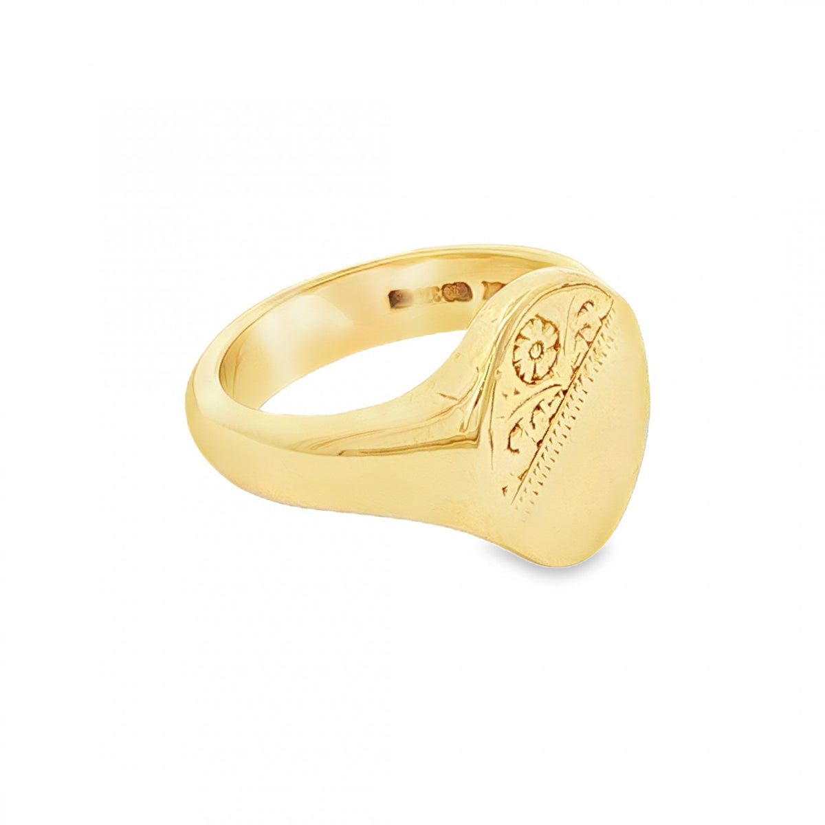 9ct Yellow Gold Half-Engraved Oval Signet Ring - Size P½ - 15mm