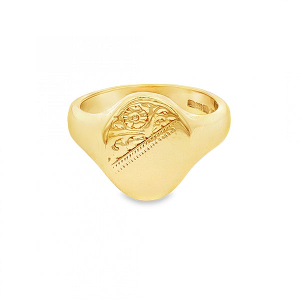 9ct Yellow Gold Half-Engraved Oval Signet Ring - Size P½ - 15mm