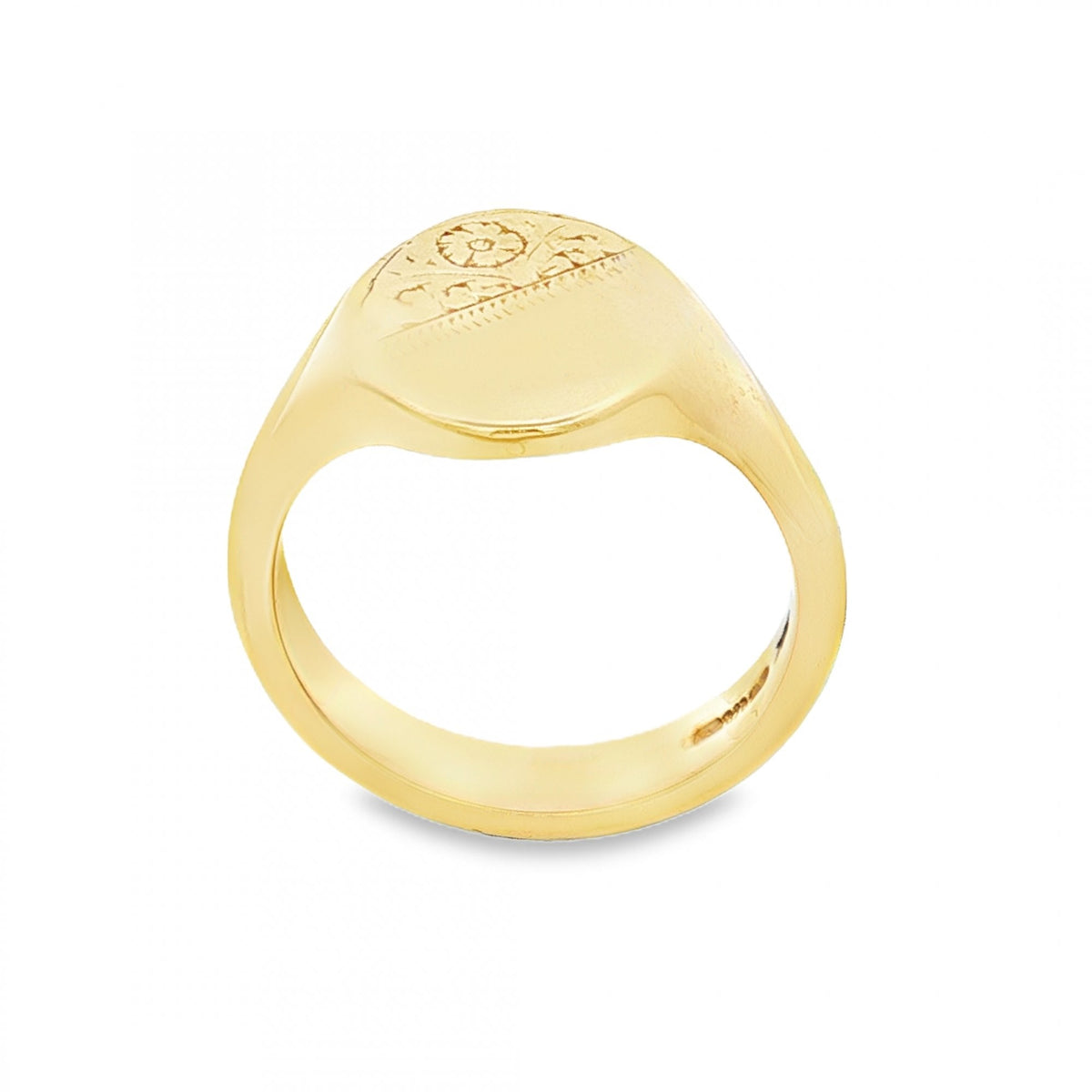 9ct Yellow Gold Half-Engraved Oval Signet Ring - Size P½ - 15mm