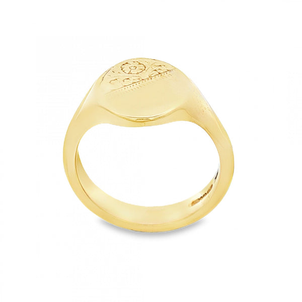 9ct Yellow Gold Half-Engraved Oval Signet Ring - Size P½ - 15mm