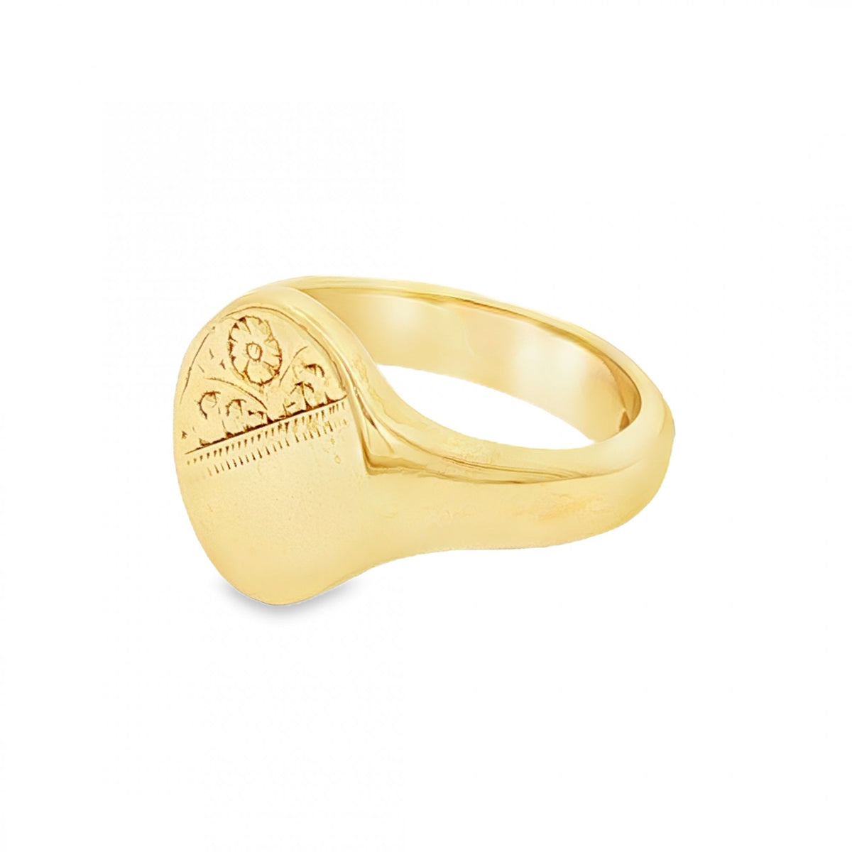 9ct Yellow Gold Half-Engraved Oval Signet Ring - Size P½ - 15mm