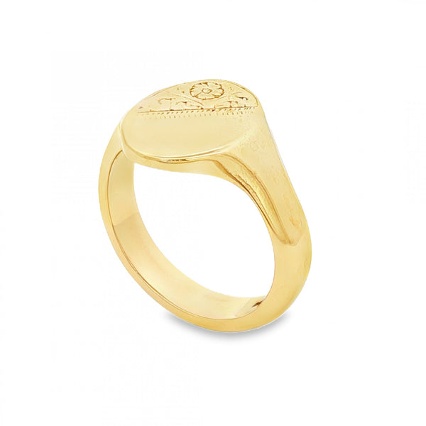 9ct Yellow Gold Half-Engraved Oval Signet Ring - Size P½ - 15mm