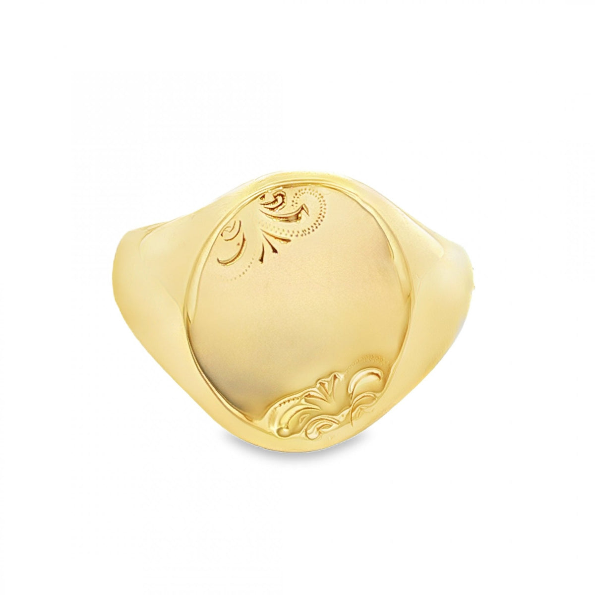 9ct Yellow Gold Engraved Oval Signet Ring - Size Q - 16mm