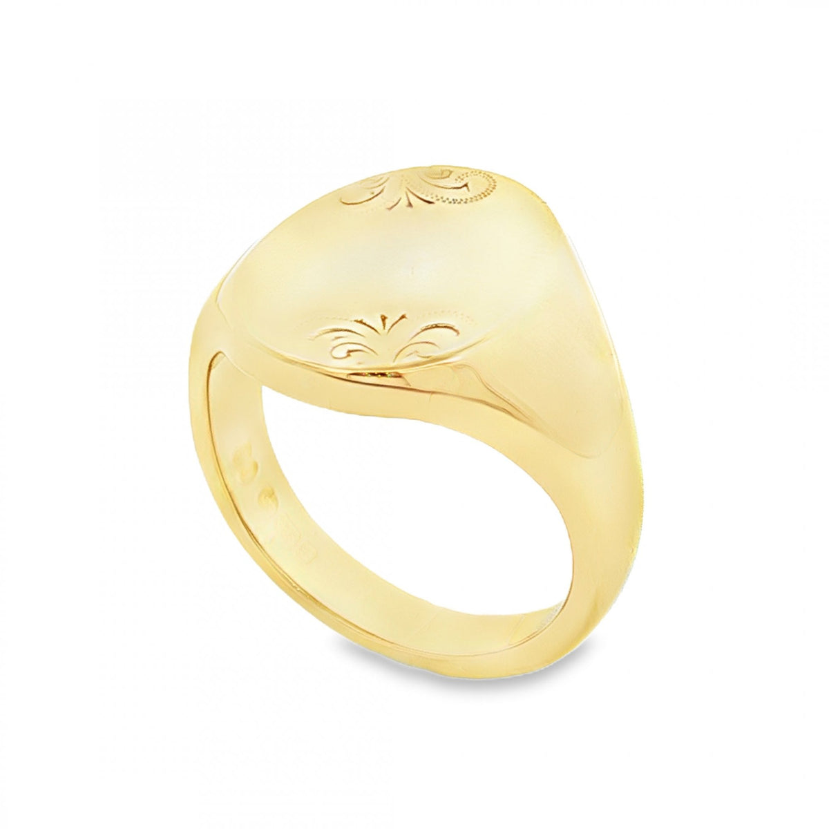 9ct Yellow Gold Engraved Oval Signet Ring - Size Q - 16mm