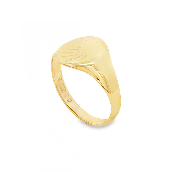 9ct Yellow Gold Sunburst Oval Signet Ring - Size P - 12mm