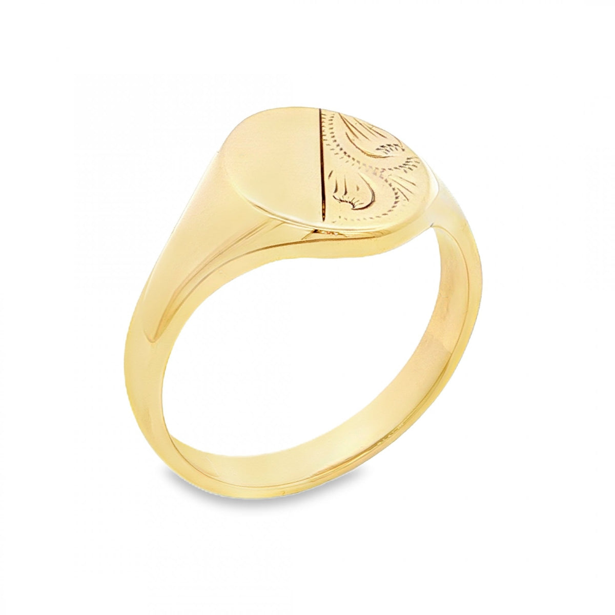 9ct Yellow Gold Half-Engraved Oval Signet Ring - Size Y - 15mm