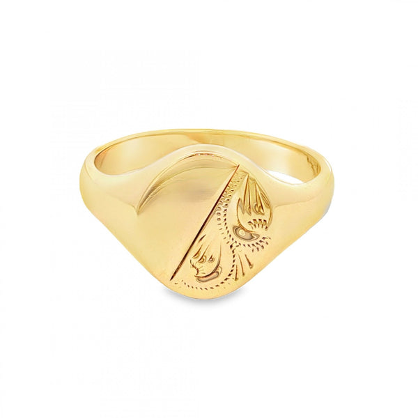 9ct Yellow Gold Half-Engraved Oval Signet Ring - Size Y - 15mm