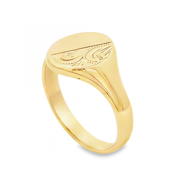 9ct Yellow Gold Half-Engraved Oval Signet Ring - Size Y - 15mm