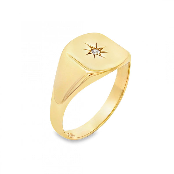 9ct Yellow Gold Diamond Cushion Signet Ring - Size V½ - 12mm