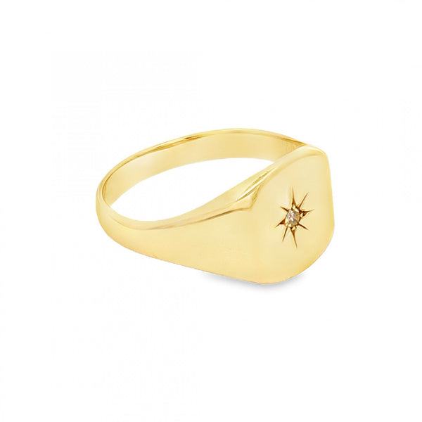 9ct Yellow Gold Diamond Cushion Signet Ring - Size V½ - 12mm