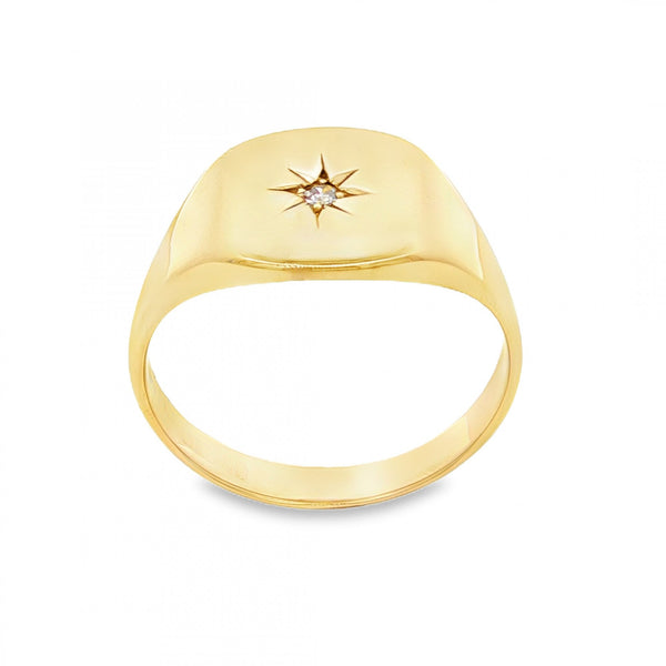 9ct Yellow Gold Diamond Cushion Signet Ring - Size V½ - 12mm