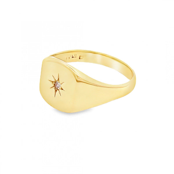 9ct Yellow Gold Diamond Cushion Signet Ring - Size V½ - 12mm