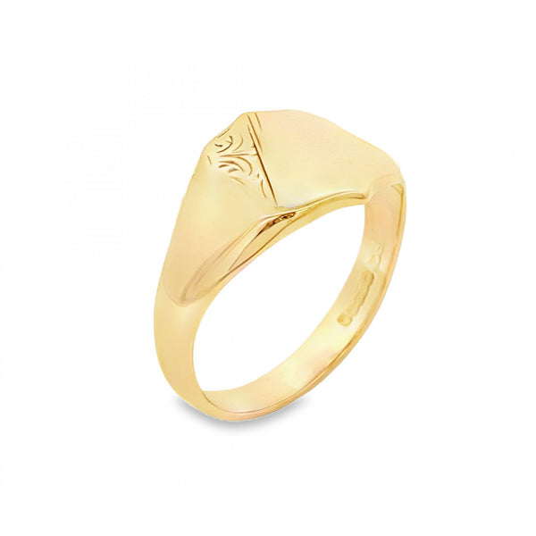 9ct Yellow Gold Feather-Engraved Shield Ring - Size U½ - 13mm