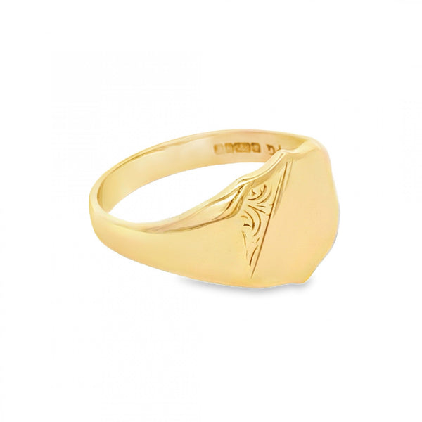 9ct Yellow Gold Feather-Engraved Shield Ring - Size U½ - 13mm