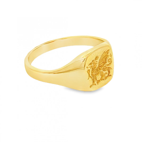 18ct Yellow Gold Welsh Dragon Cushion Signet Ring - Size Z+2½