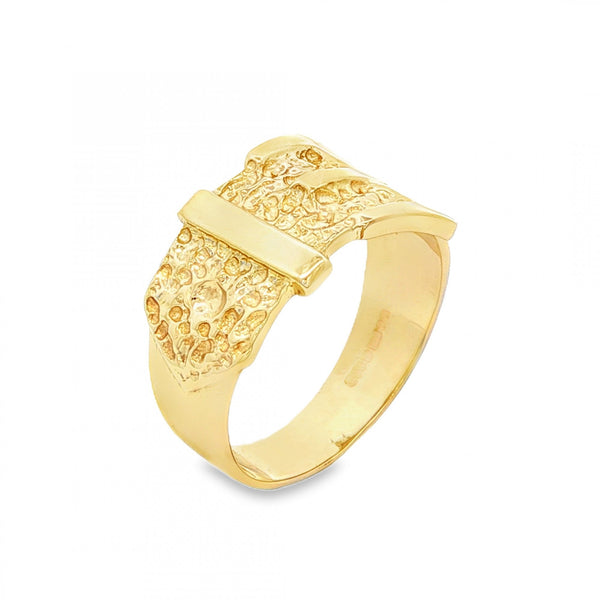 9ct Yellow Gold Patterned Buckle Ring - Size Q - 13mm