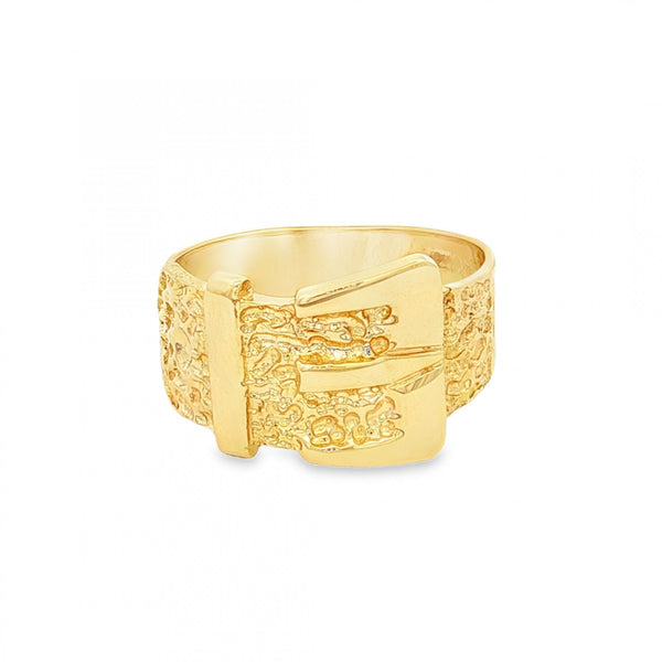 9ct Yellow Gold Patterned Buckle Ring - Size Q - 13mm