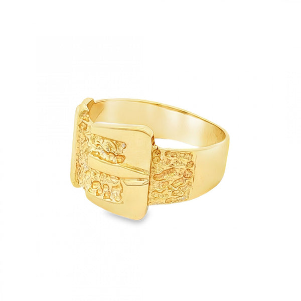 9ct Yellow Gold Patterned Buckle Ring - Size Q - 13mm