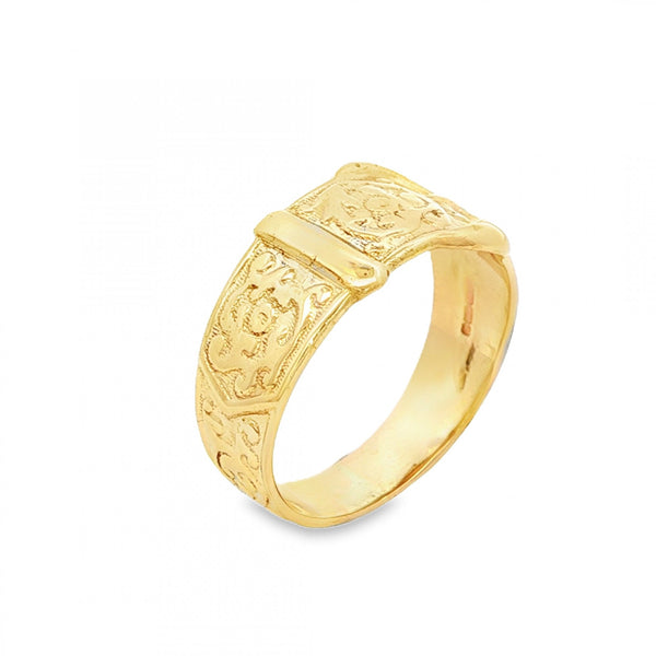 9ct Yellow Gold Patterned Buckle Ring - Size P - 11mm