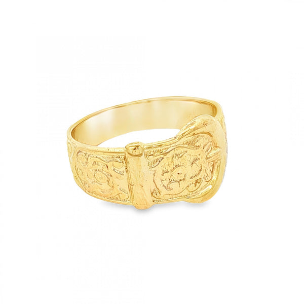 9ct Yellow Gold Patterned Buckle Ring - Size P - 11mm