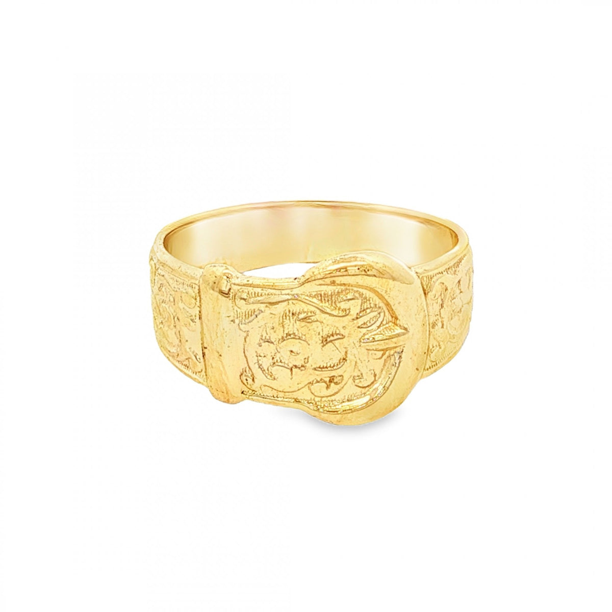 9ct Yellow Gold Patterned Buckle Ring - Size P - 11mm