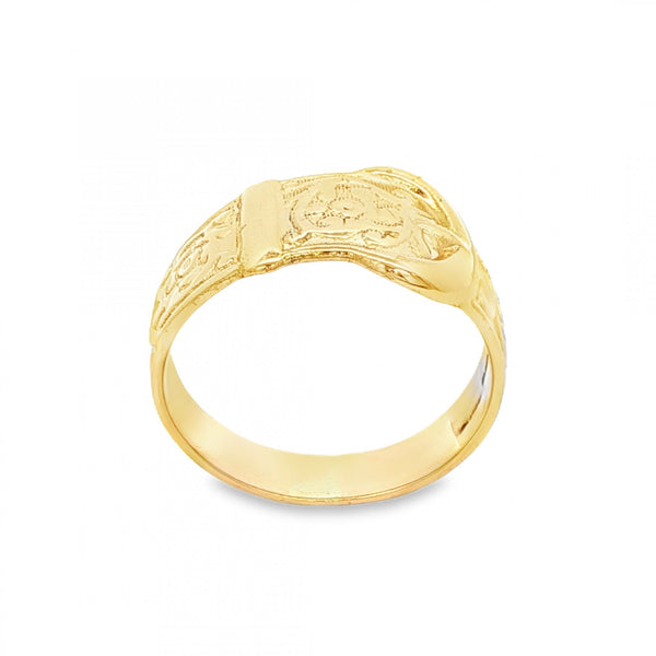 9ct Yellow Gold Patterned Buckle Ring - Size P - 11mm