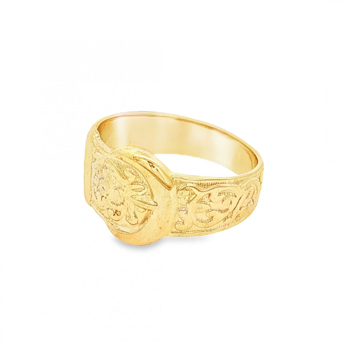 9ct Yellow Gold Patterned Buckle Ring - Size P - 11mm