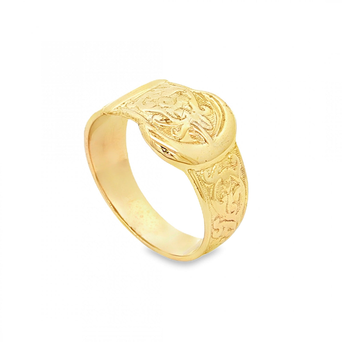 9ct Yellow Gold Patterned Buckle Ring - Size P - 11mm