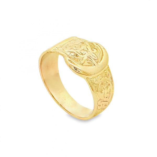 9ct Yellow Gold Patterned Buckle Ring - Size P - 11mm