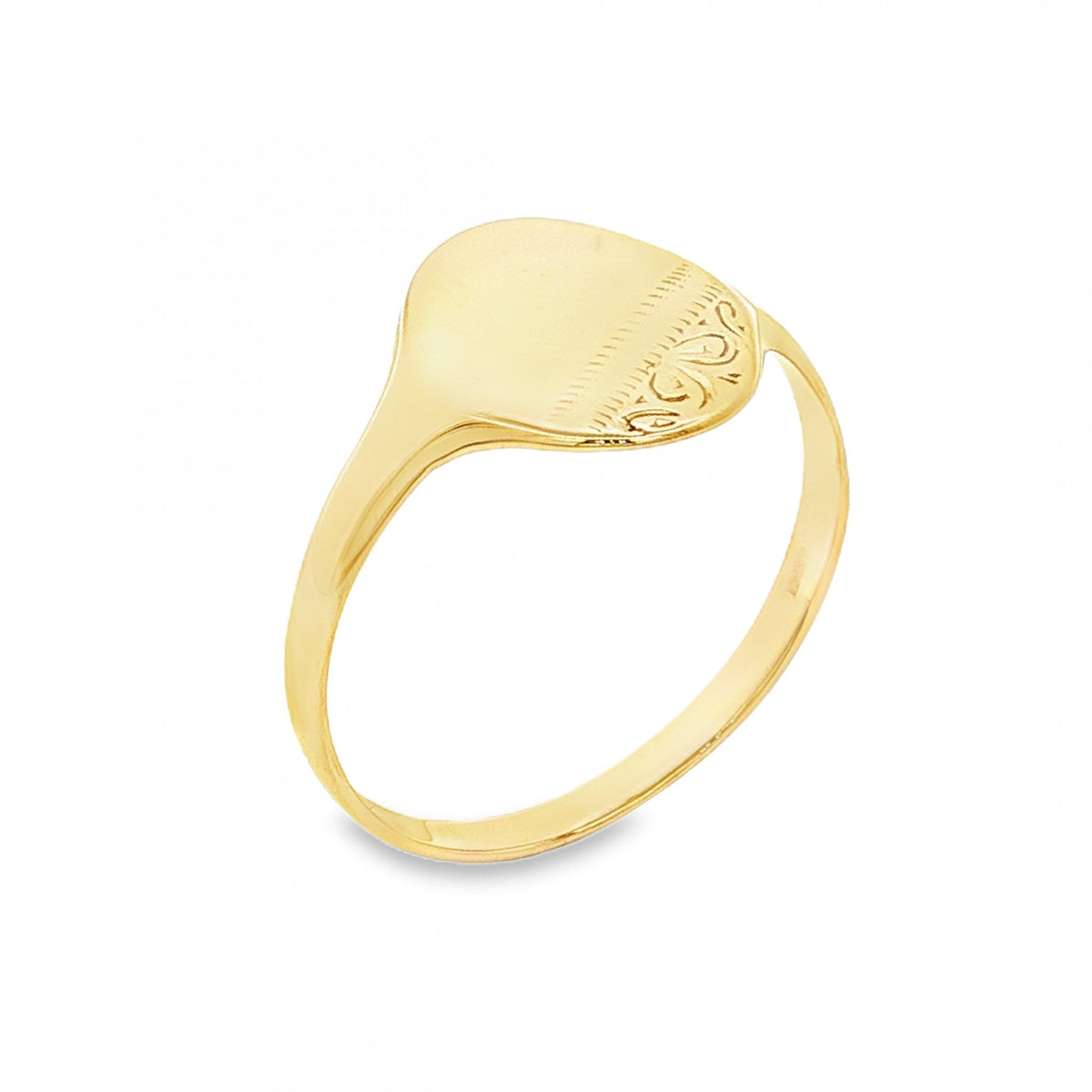 9ct Yellow Gold Half-Engraved Oval Signet Ring - Size W - 13mm