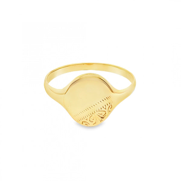 9ct Yellow Gold Half-Engraved Oval Signet Ring - Size W - 13mm