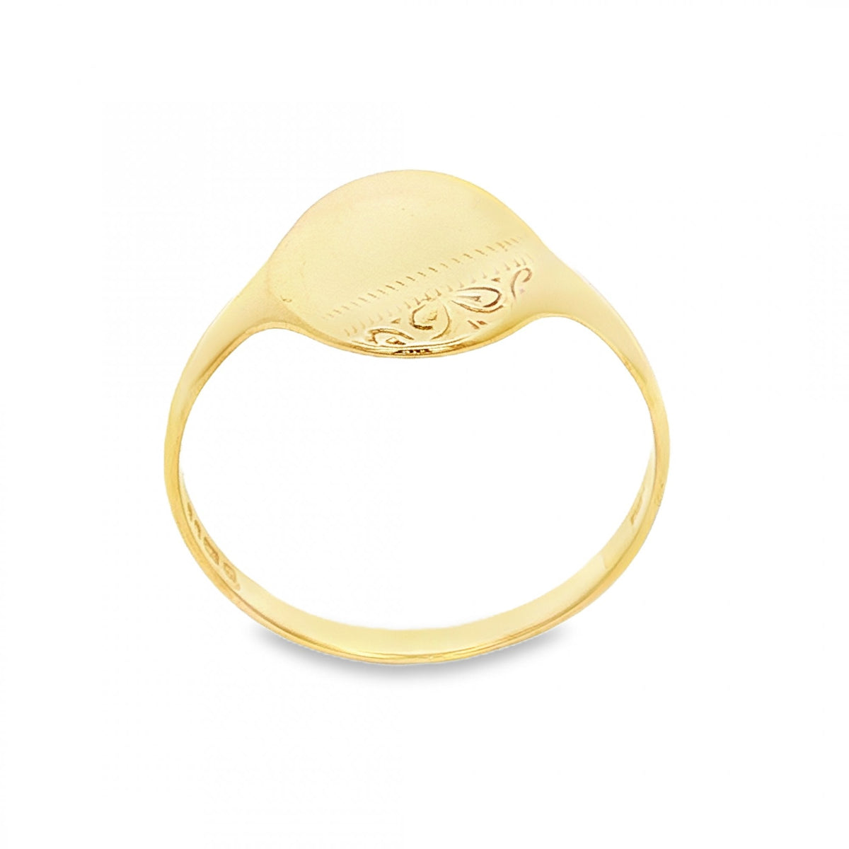 9ct Yellow Gold Half-Engraved Oval Signet Ring - Size W - 13mm