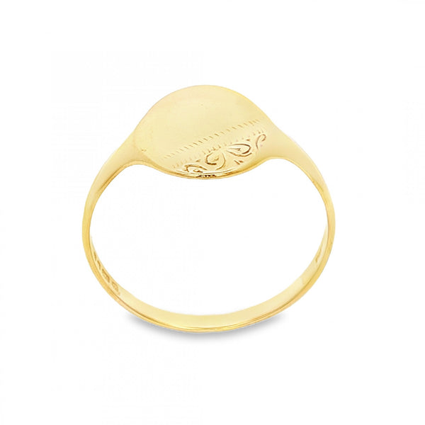 9ct Yellow Gold Half-Engraved Oval Signet Ring - Size W - 13mm