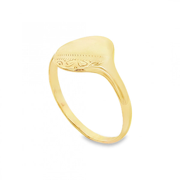 9ct Yellow Gold Half-Engraved Oval Signet Ring - Size W - 13mm